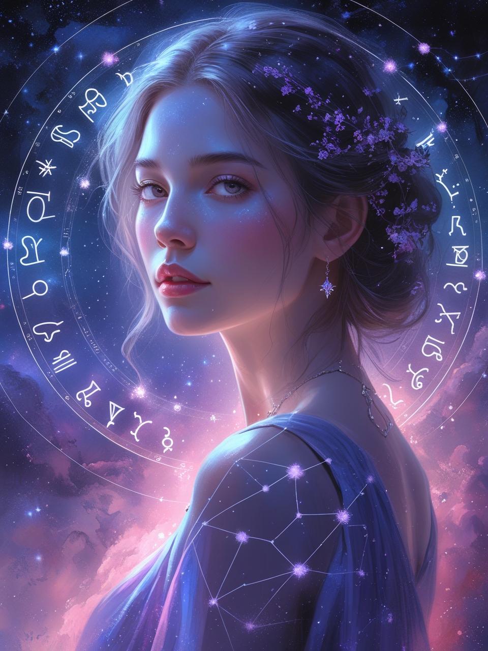 Portrait einer Frau mit leuchtenden Sternzeichen im Hintergrund als Symbol für das persönliche astrologische Profil