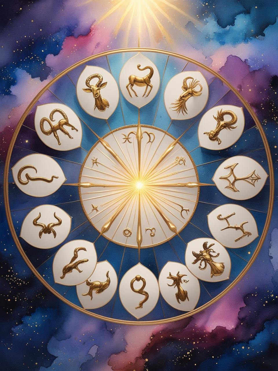 Symbolische Darstellung eines Geburtshoroskops mit Tierkreiszeichen und goldener Energie